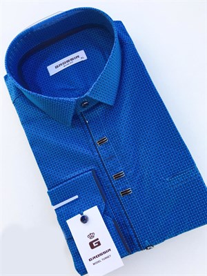 Сорочка мужская приталенная синяя с узором - фото 5601